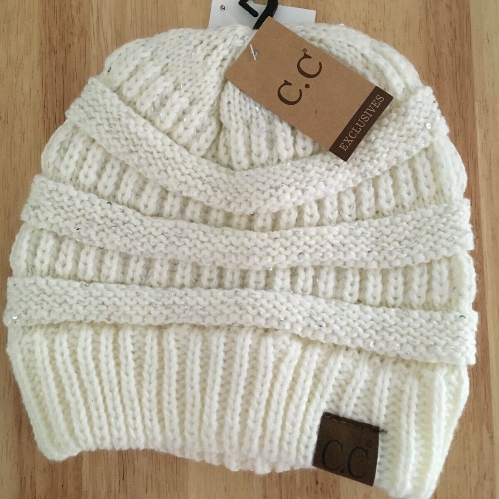 C.C. CC Beanie Women's Knitted Winter Beanie Hat Ivory with Silver Sequins Toque